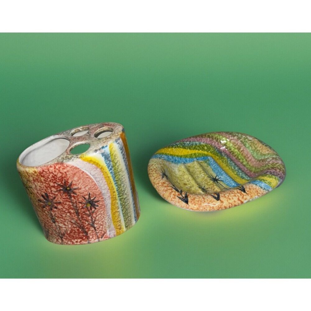 Art Studio Pottery Bathroom Set Italy Soap Dish Toothbrush Holder 4” 5”